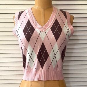 Haute Monde Crop Top Women’s Small Pink Argyle Sleeveless Sweater